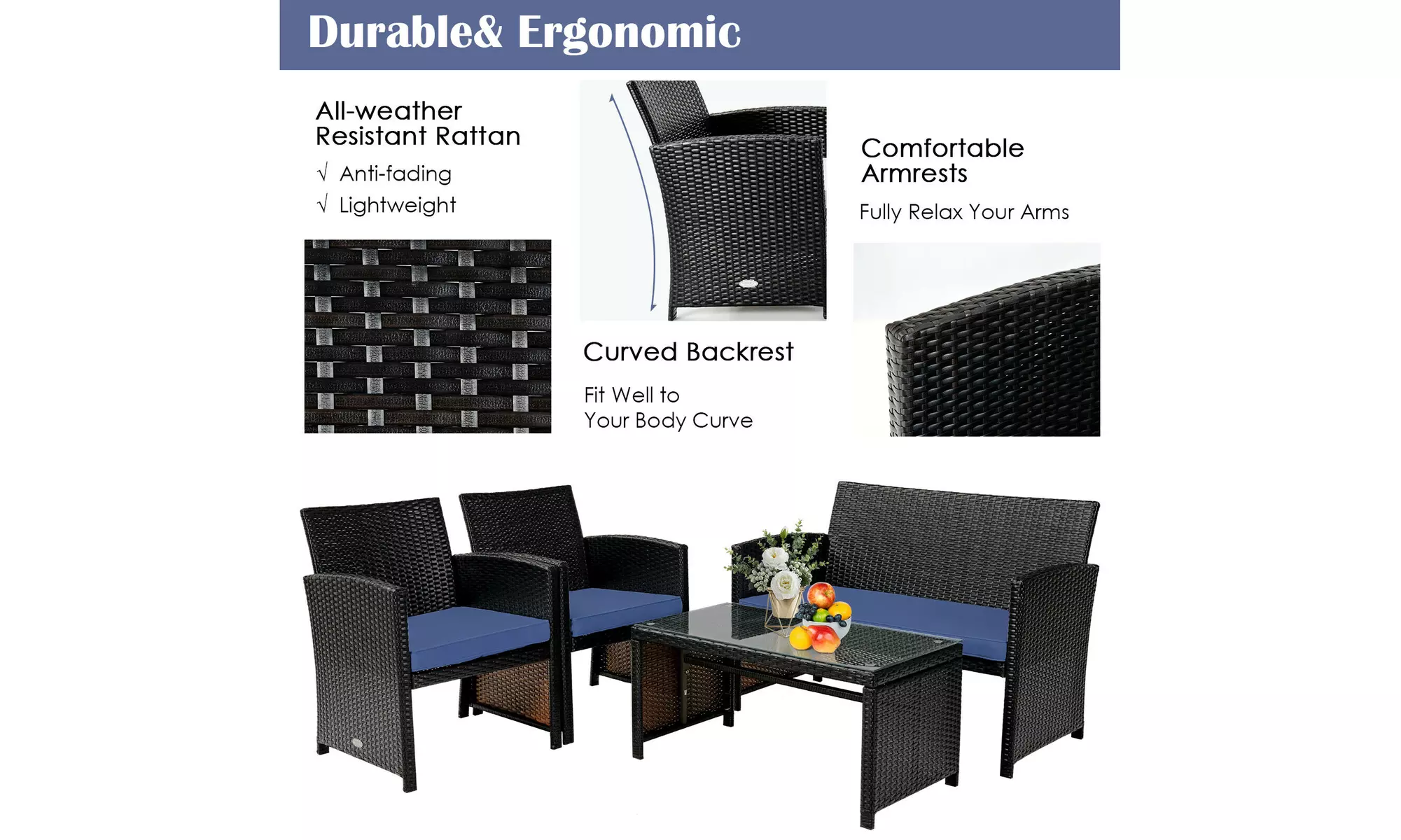 Costway 4PCS Patio Rattan Furniture Set Cushioned Chair Sofa Coffee Table Navy