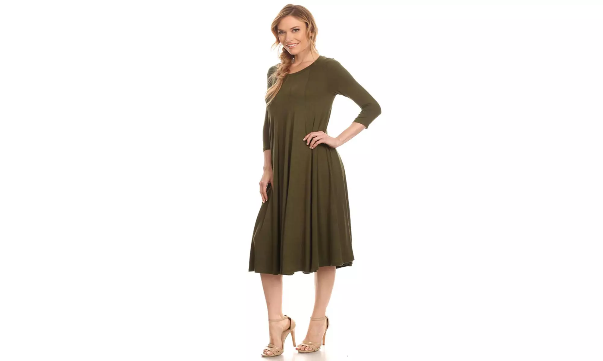 Women's Solid Casual Comfy 3/4 Sleeve Loose Fit A-line Midi Dress