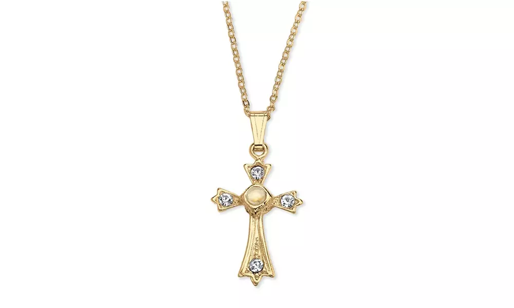 Lord's Prayer Crystal Cross Pendant Necklace in Yellow Gold Tone - Primary Image
