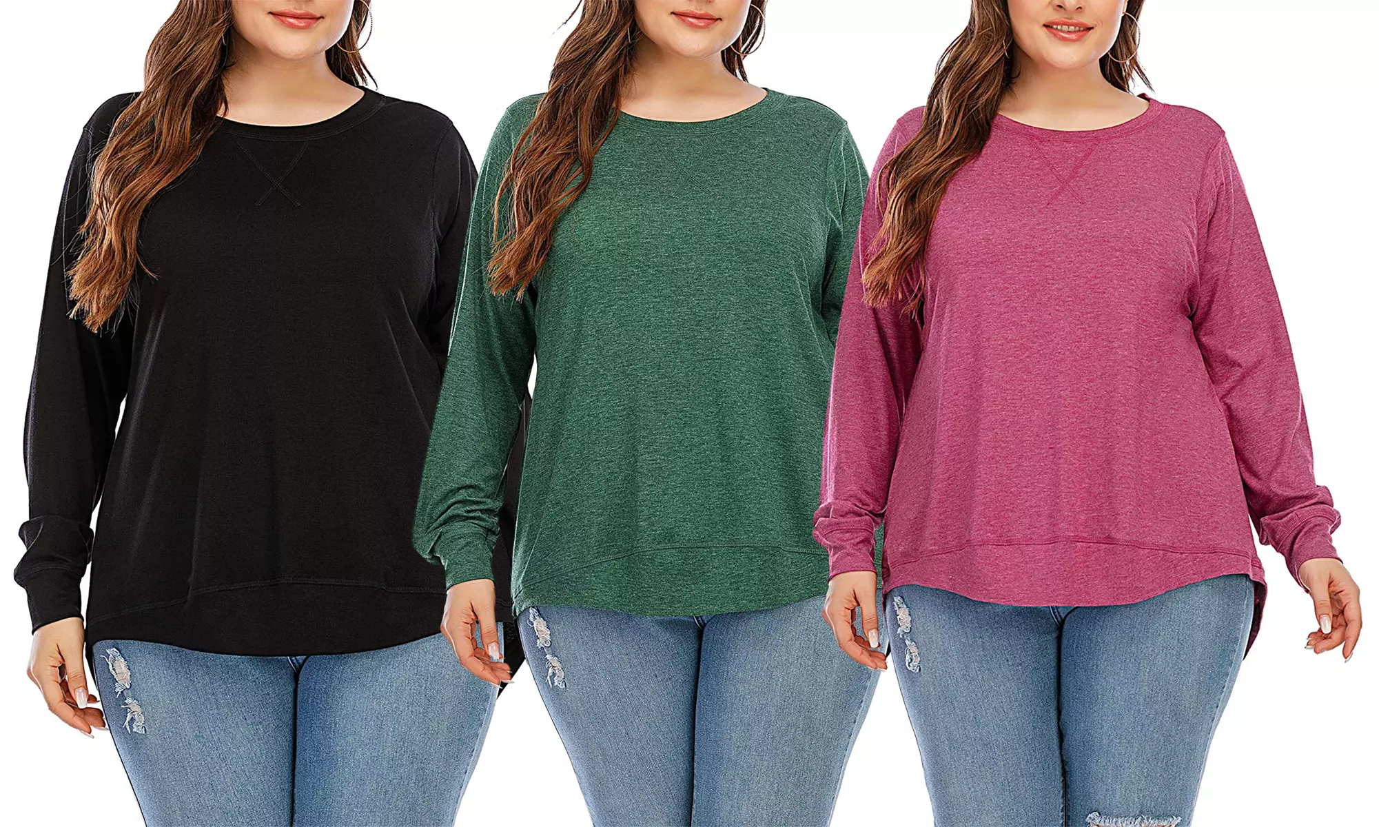 Women's Plus Size Tops Casual Loose Long Sleeve Side Split Tunic Shirt - Primary Image