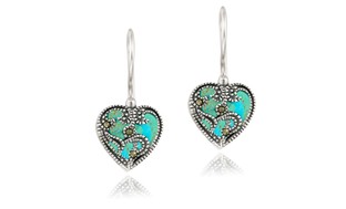 Created Turquoise & Marcasite Heart Drop Earrings in Sterling Silver