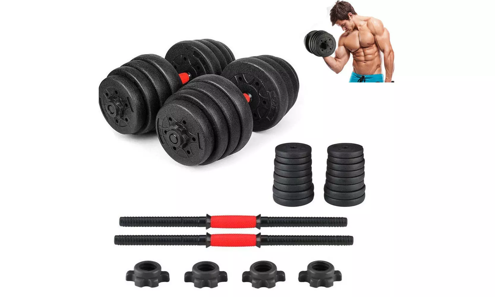 Weight Dumbbell Set 66 LB Adjustable Cap Gym Barbell Plates Hand Body Workout - Second Medium