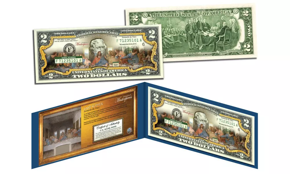 Last Supper Masterpiece by Leonardo Da Vinci Genuine U.S. Two-Dollar Bill-Easter