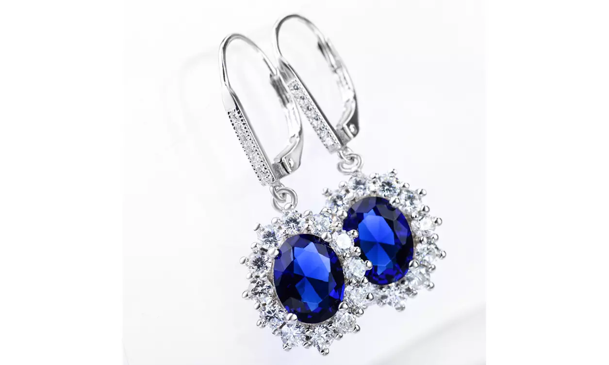 Sapphire Halo Leverback earrings in 18K White Gold Plating