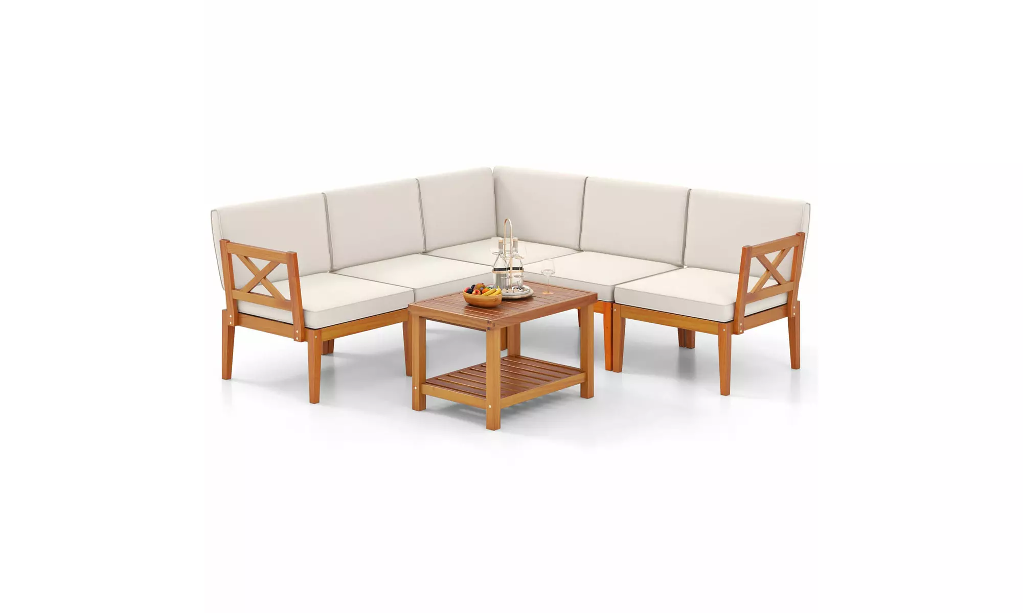Costway Acacia Wood Patio Furniture Set with Cushions and 2-Tier Coffee Table