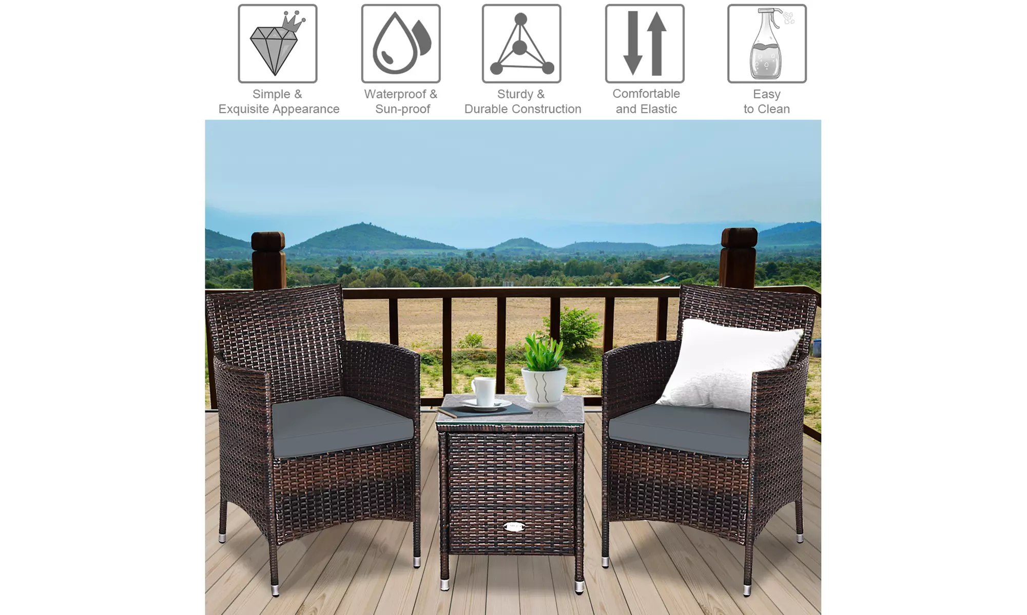 Costway Outdoor 3 PCS PE Rattan Wicker Furniture Sets Chairs Coffee Table Garden