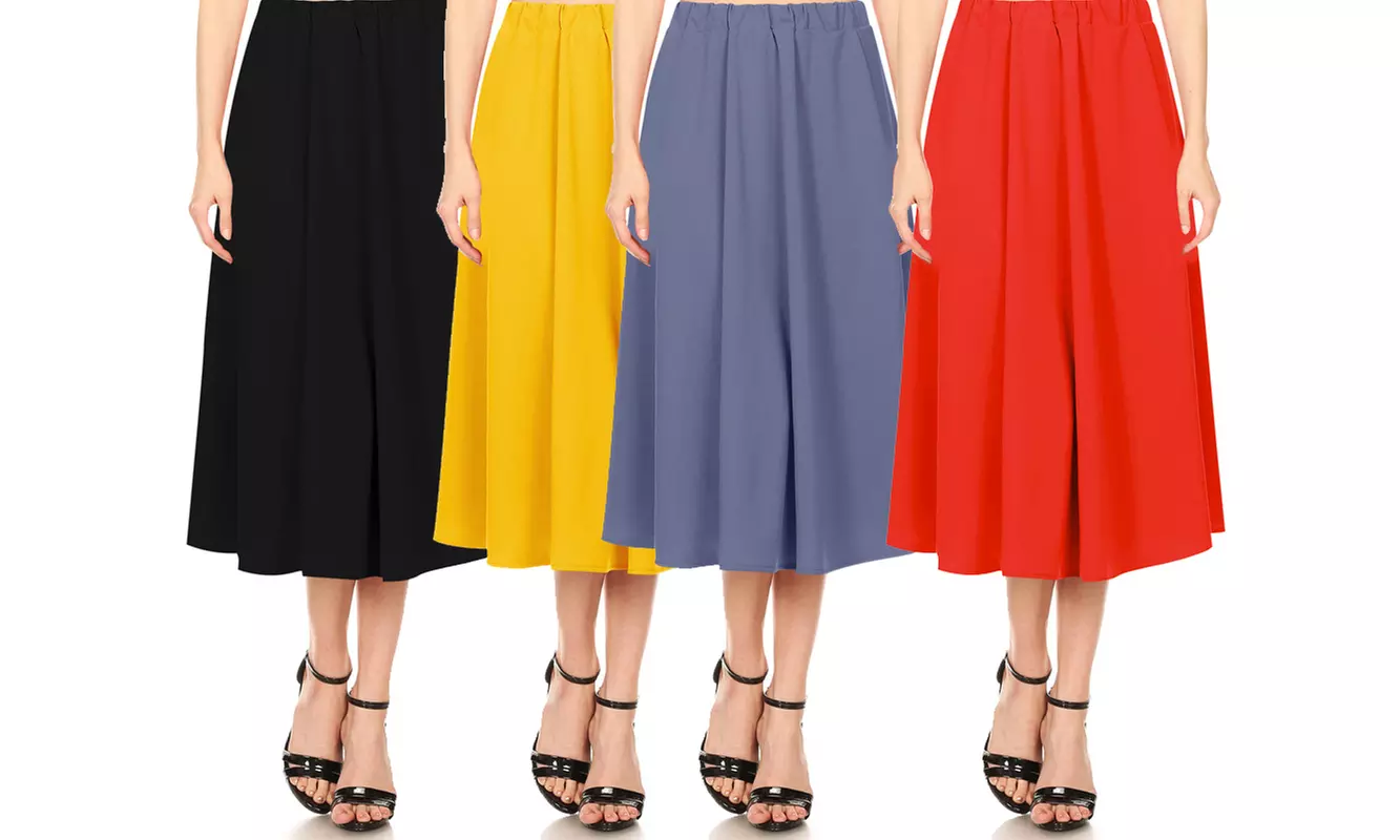 Women's Casual A-Line Pleated Elastic Band Solid Midi Skirt - Primary Image