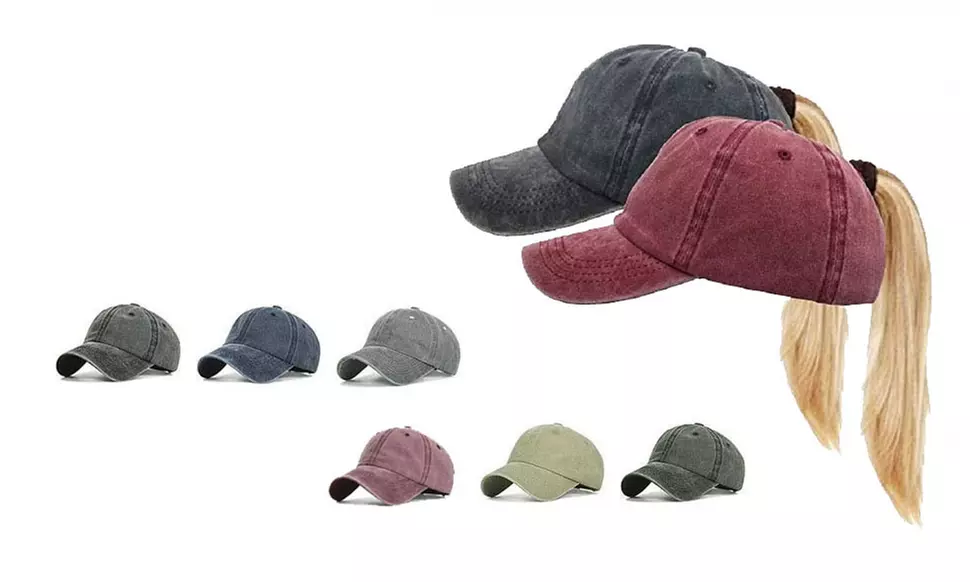 Distressed Wash Ponytail Baseball Dad Hat Cap
