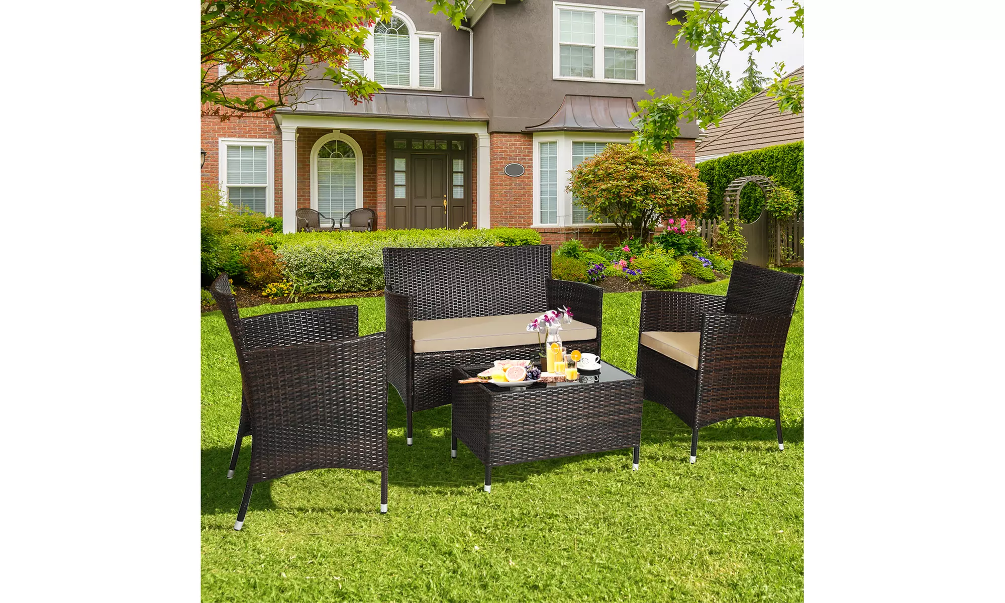 4PCS Rattan Patio Furniture Set Cushioned Sofa Chair Coffee Table Garden - Primary Image