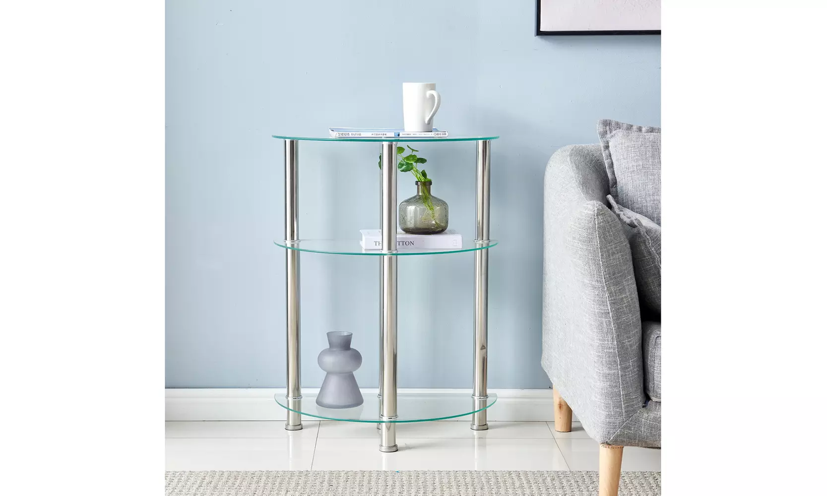 3-layers Tempered Glass End Table Stainless Steel Tube Semicircular Side Table - Second Medium