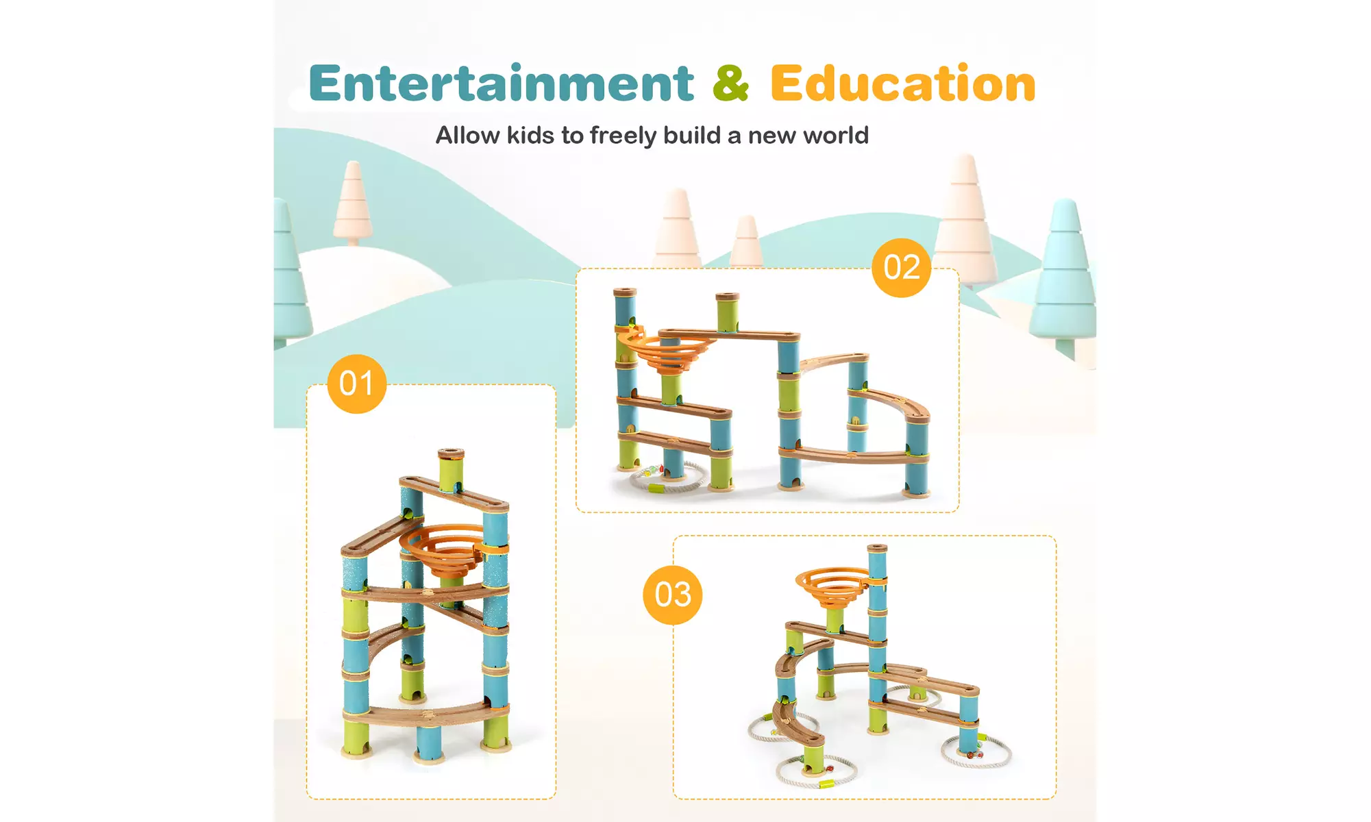 Costway Wooden Marble Run Construction 111PCS STEM Educational Learning Toys