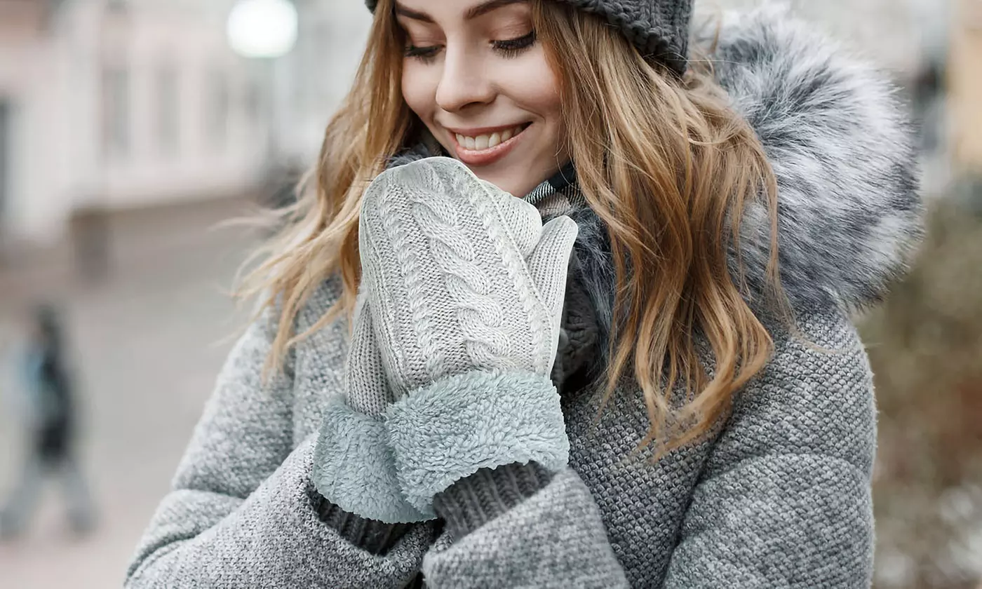 Women's Cozy Winter Knit Mitten Gloves With Fleece Lining