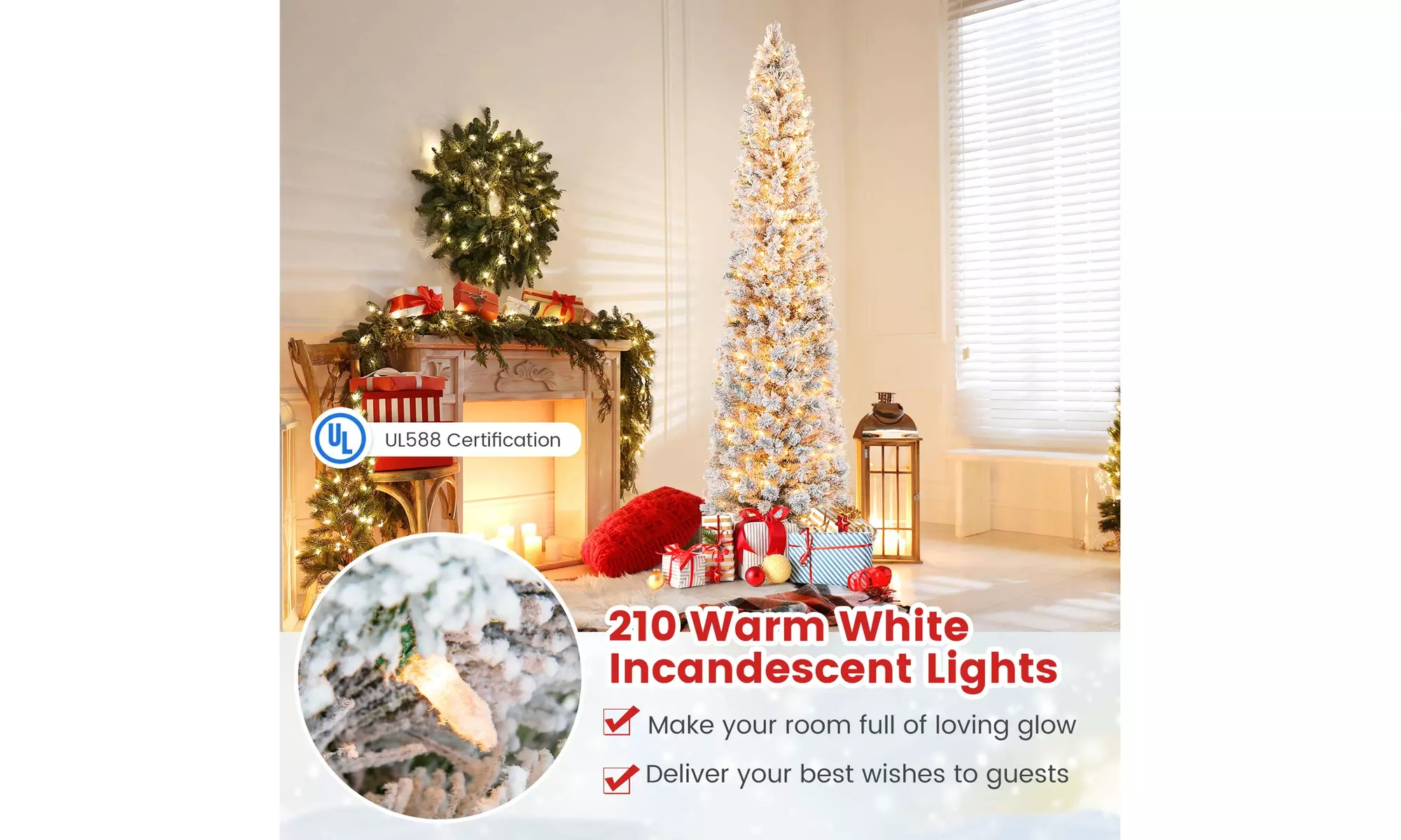 Costway 4.5/6/7 FT Pre-Lit Slim Christmas Tree Flocked w/ Pine Needles & Lights