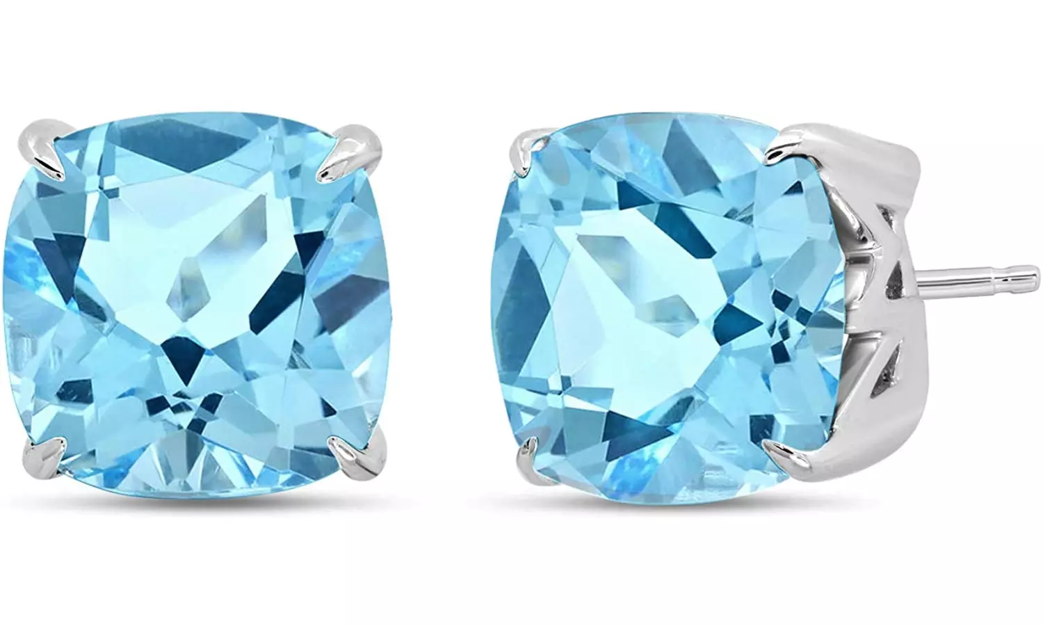White Gold Plated 8mm Cushion Aquamarine Stud Earrings. - Primary Image