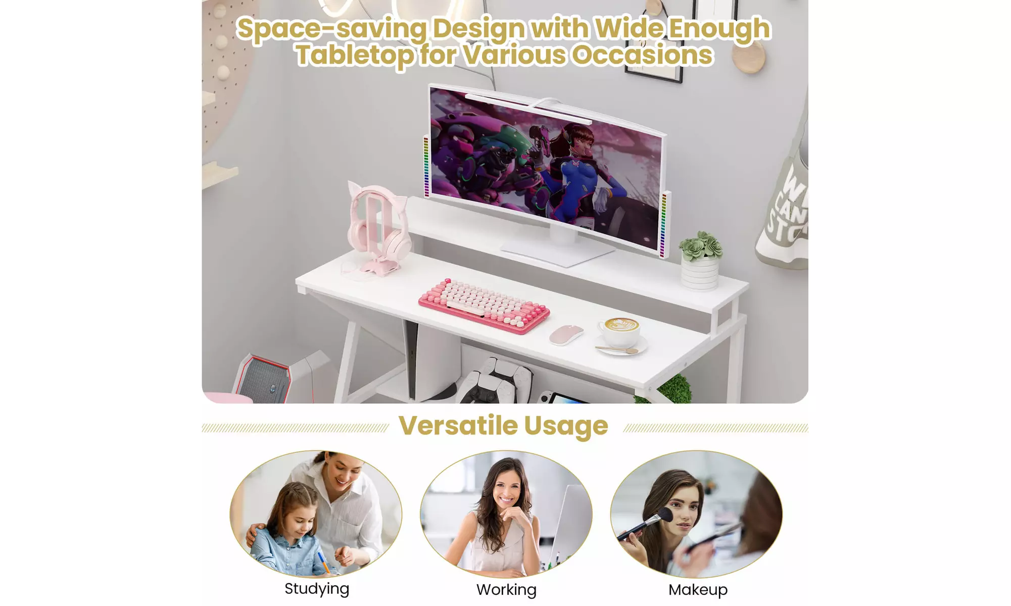 Costway Home Office Desk with Monitor Stand, Open Shelf and Metal Frame