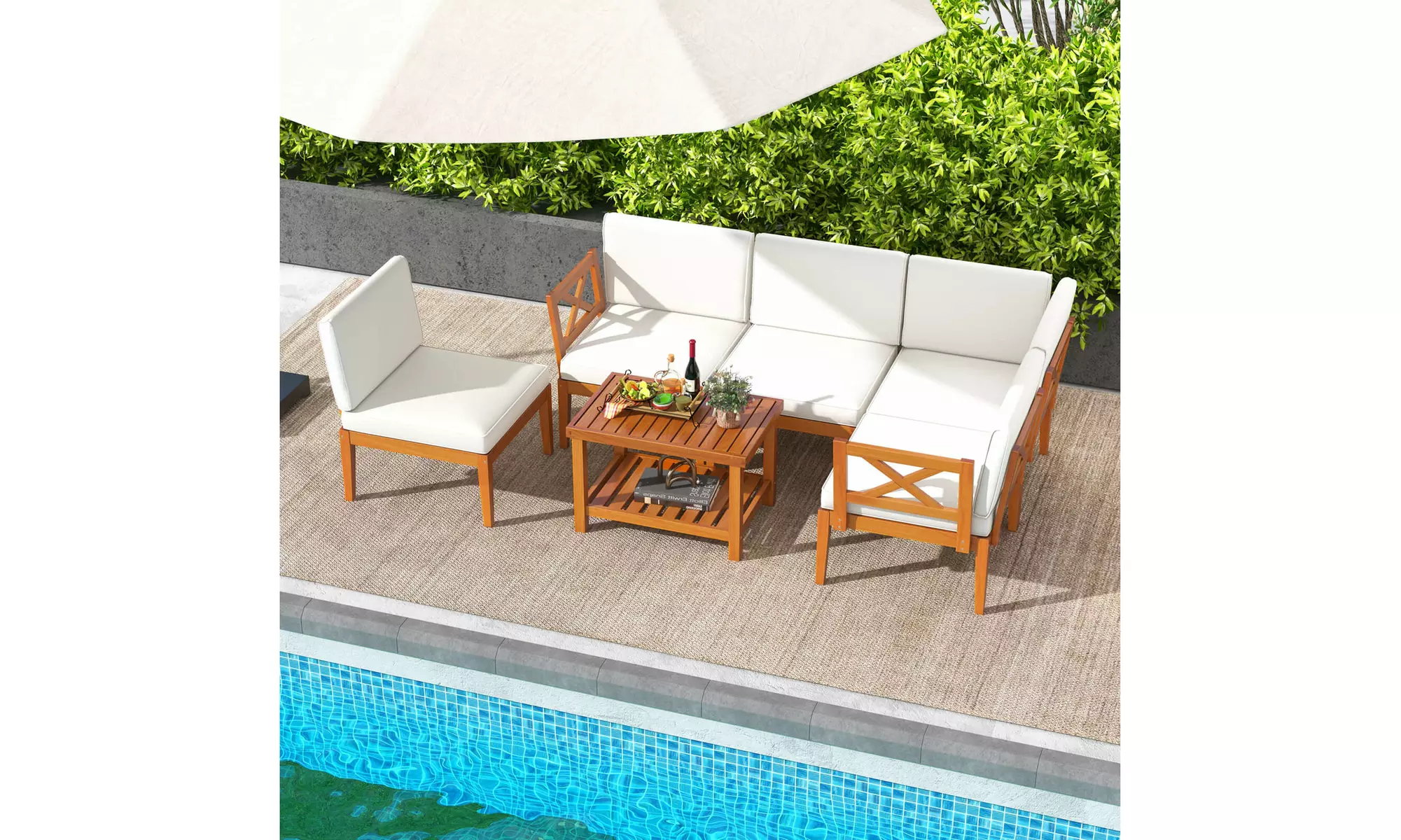 Costway Acacia Wood Patio Furniture Set with Cushions and 2-Tier Coffee Table