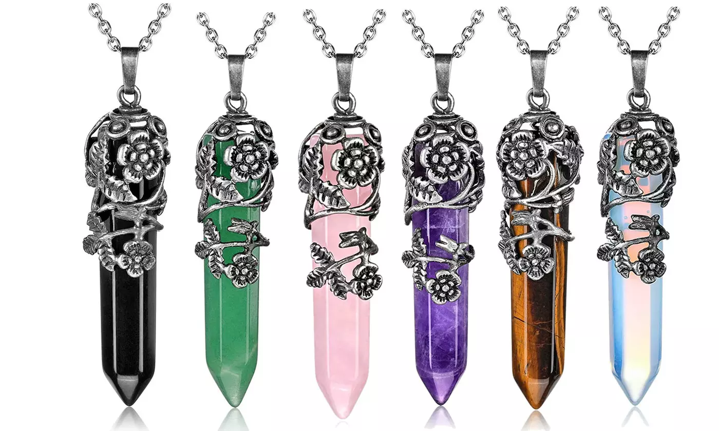 Silver Flower Wrapped Hexagonal Pendant Chakra Healing Stone Necklace Jewelry