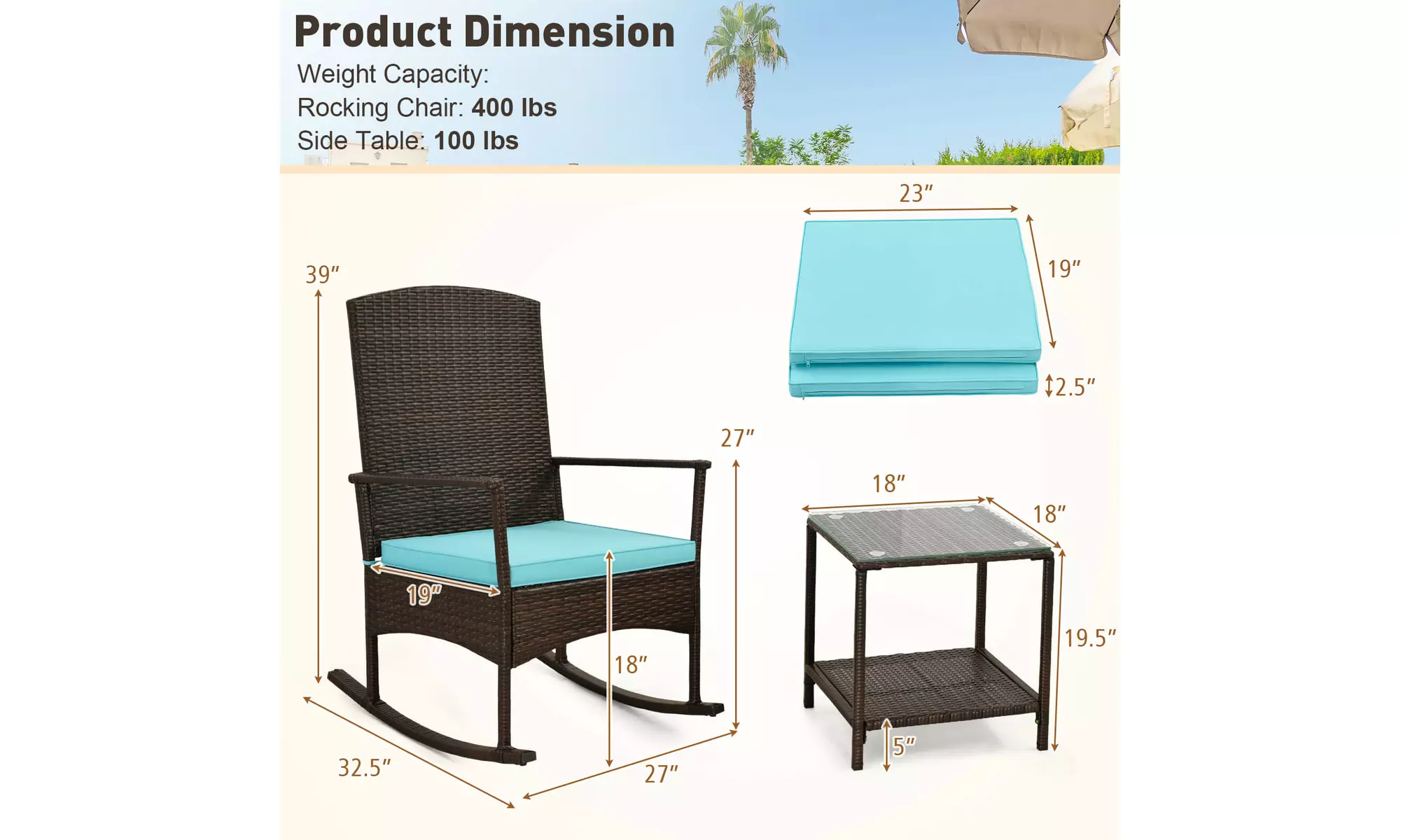 Costway 3 Piece Wicker Patio Set With Rocking Chairs & 2-Tier Coffee Table
