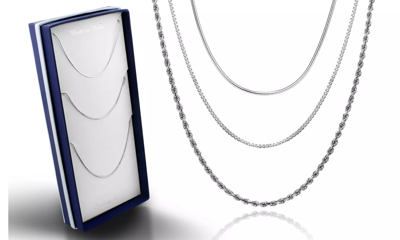 Sterling Silver Snake, Box And Diamond Cut Rope Chain Set With Gift Box - Primary Image