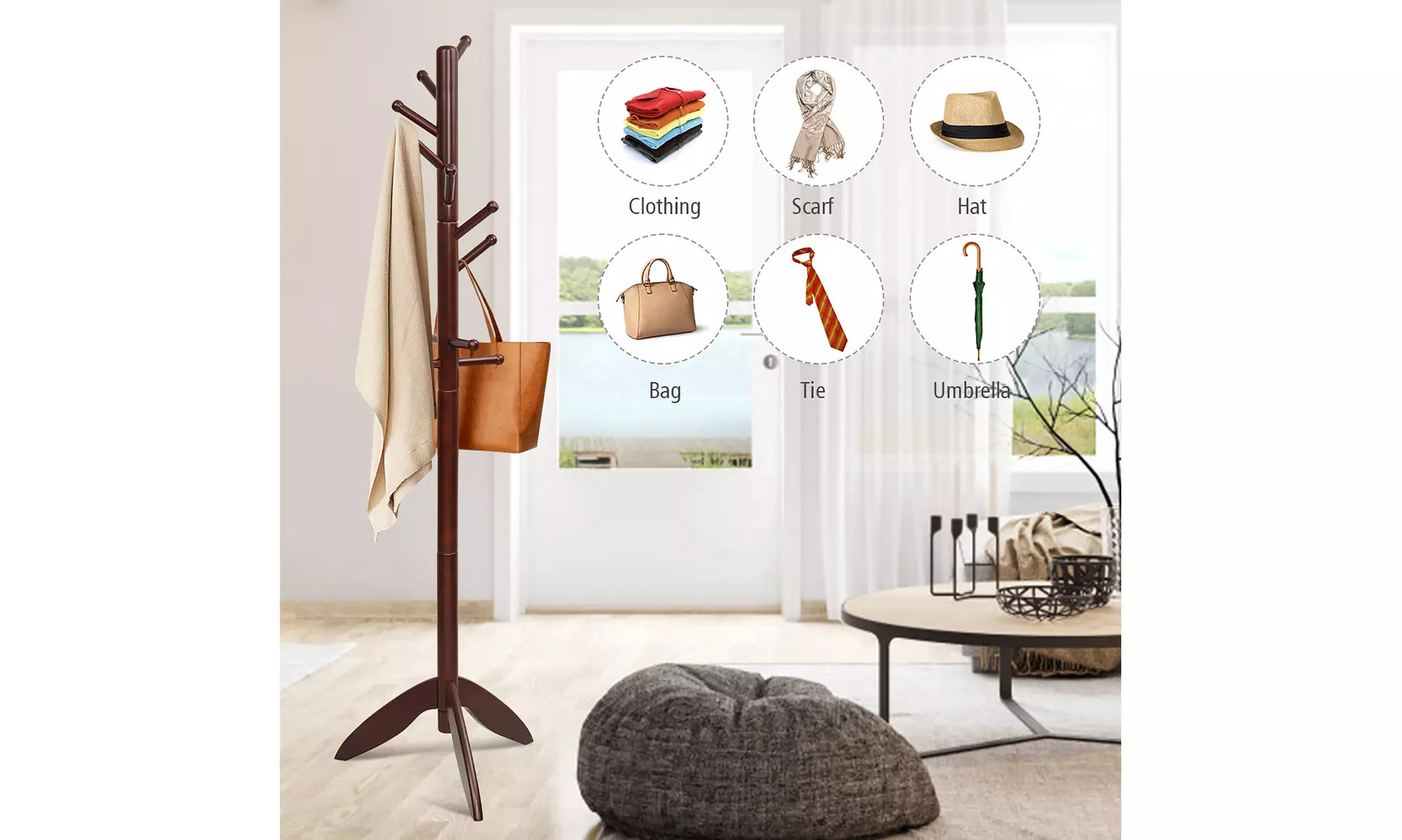 Costway Wooden Coat Rack Entryway Hall Tree 2 Heights w/ 11 Hooks