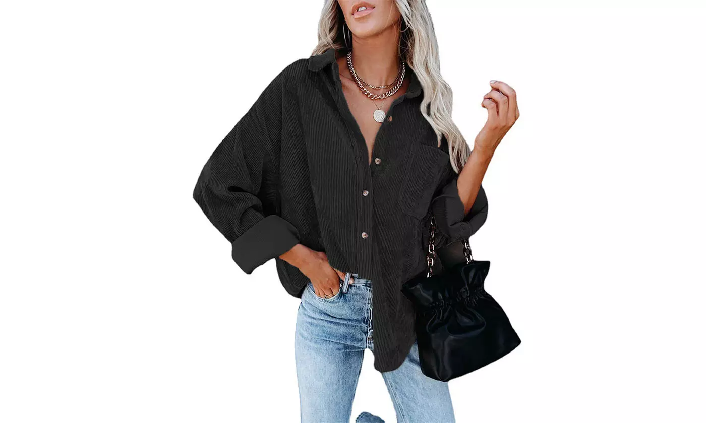 Women Loose Casual Corduroy Button Down Shirts Long Sleeve Blouses Tops