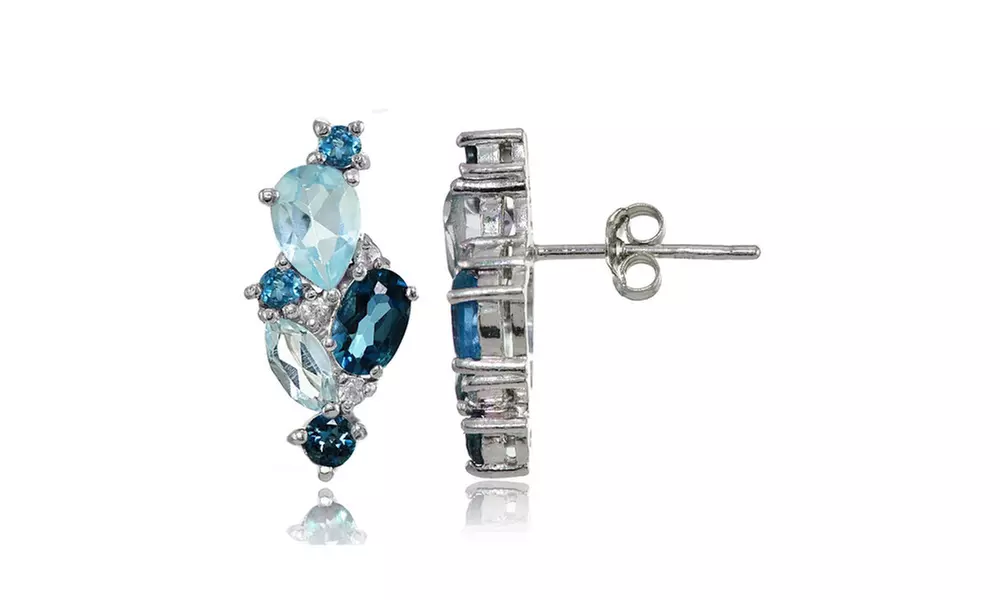 Sterling Silver London Blue, Blue Topaz, and White Topaz Cluster Tonal Earrings