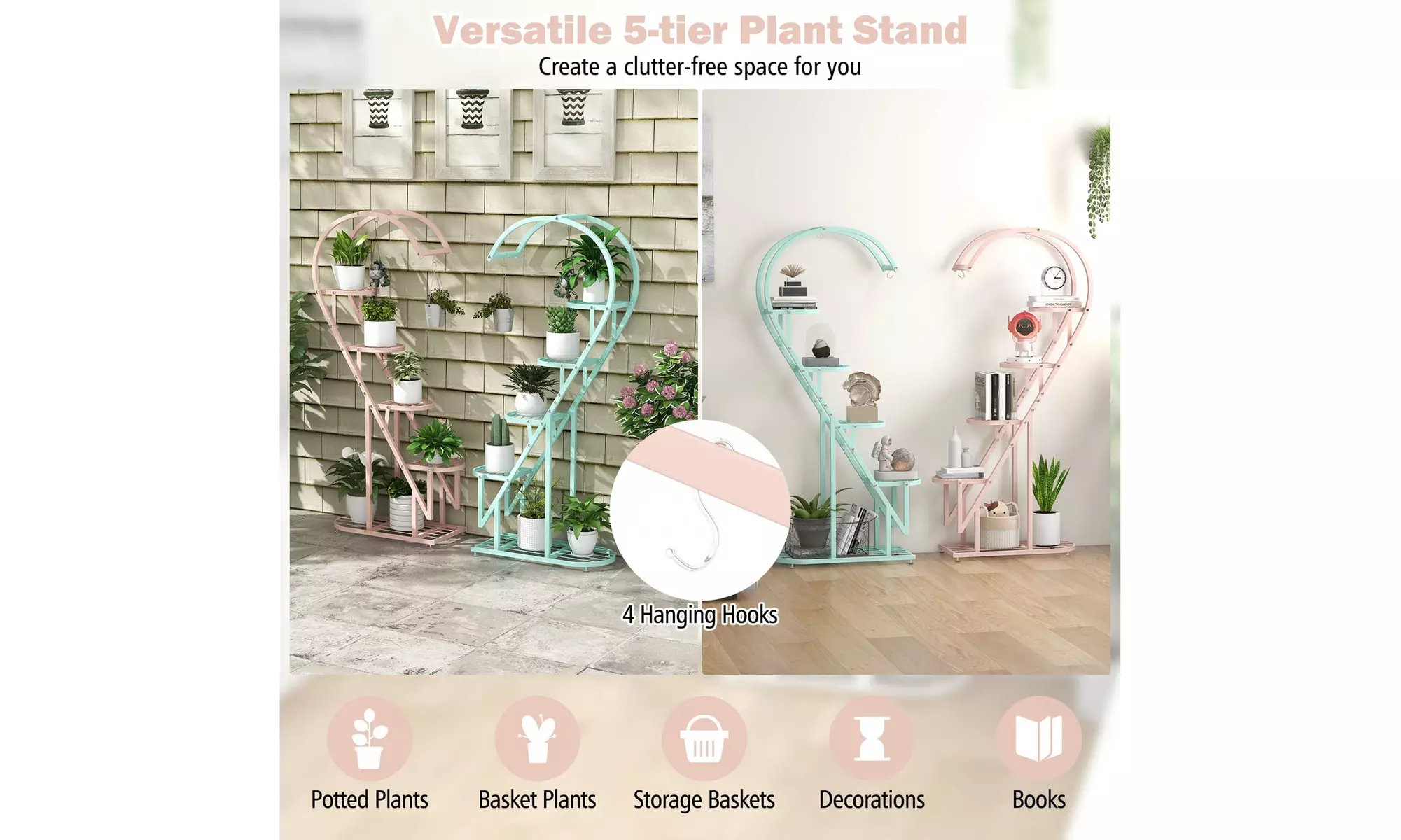 5 Tier Metal Plant Stand Heart-shaped Shelf w/ Hanging Hook for Multiple Plants