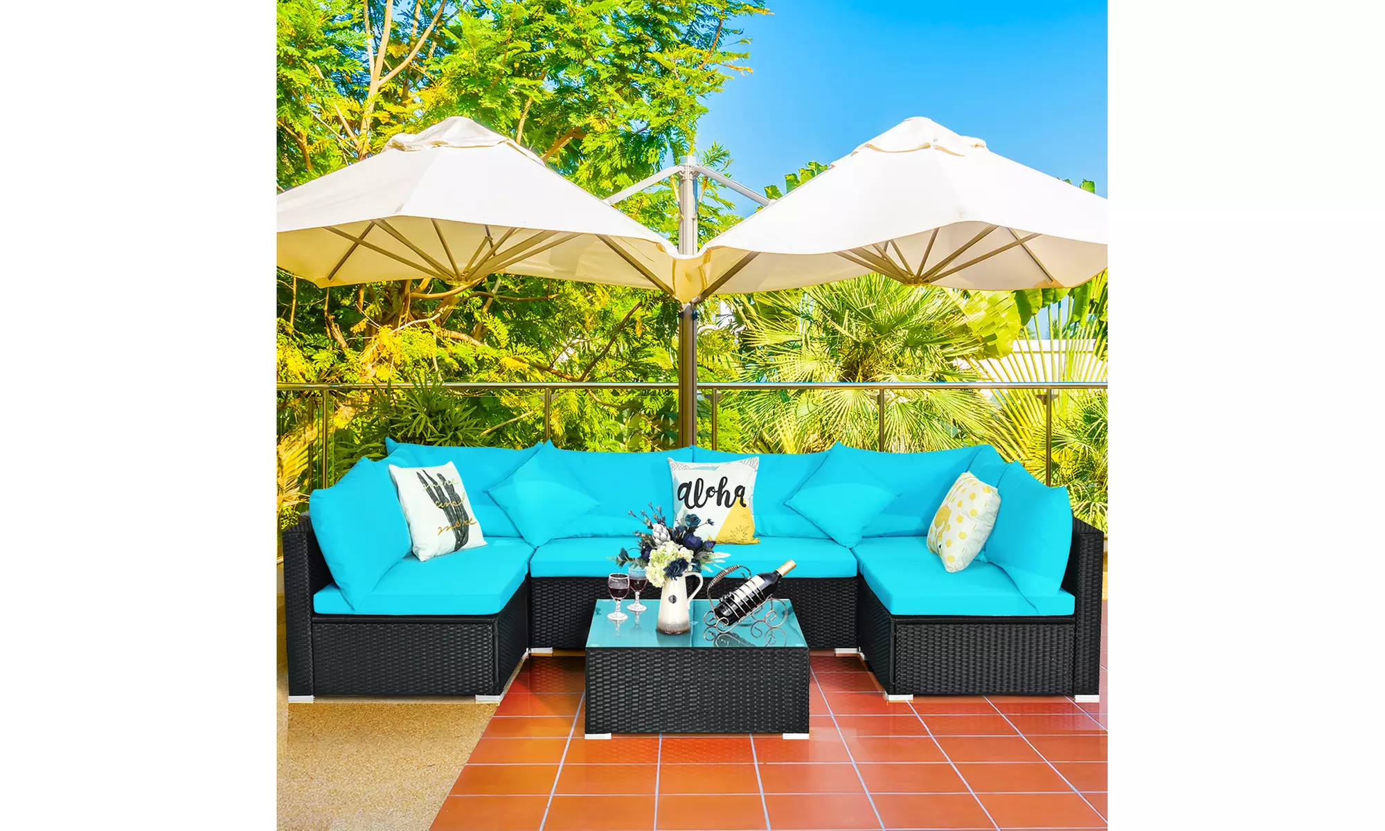 Costway 7PCS Patio Rattan Sofa Set Sectional Conversation Furniture Set Garden
