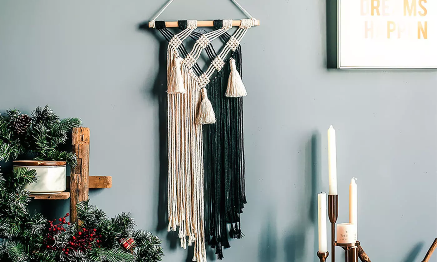 Macrame Wall Hanging Black and White Wall Art Tapestry Boho Wall Decor - Primary Image