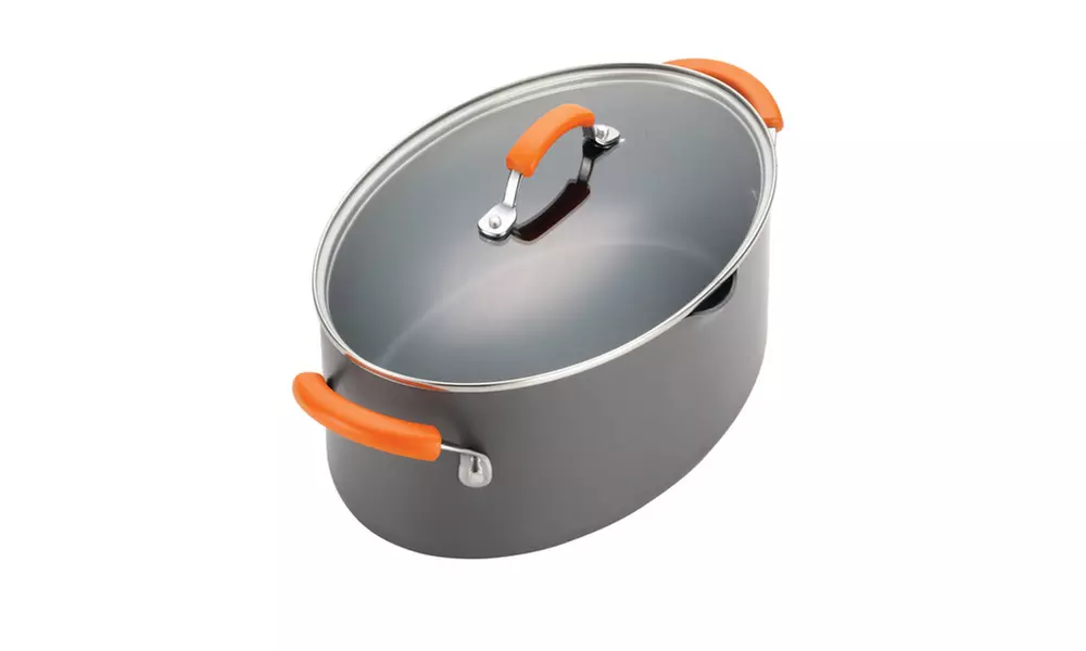 Rachael Ray Hard-Anodized  Nonstick 8qt Cov Oval Pasta Pot w Spout Gray w Orange - Second Medium