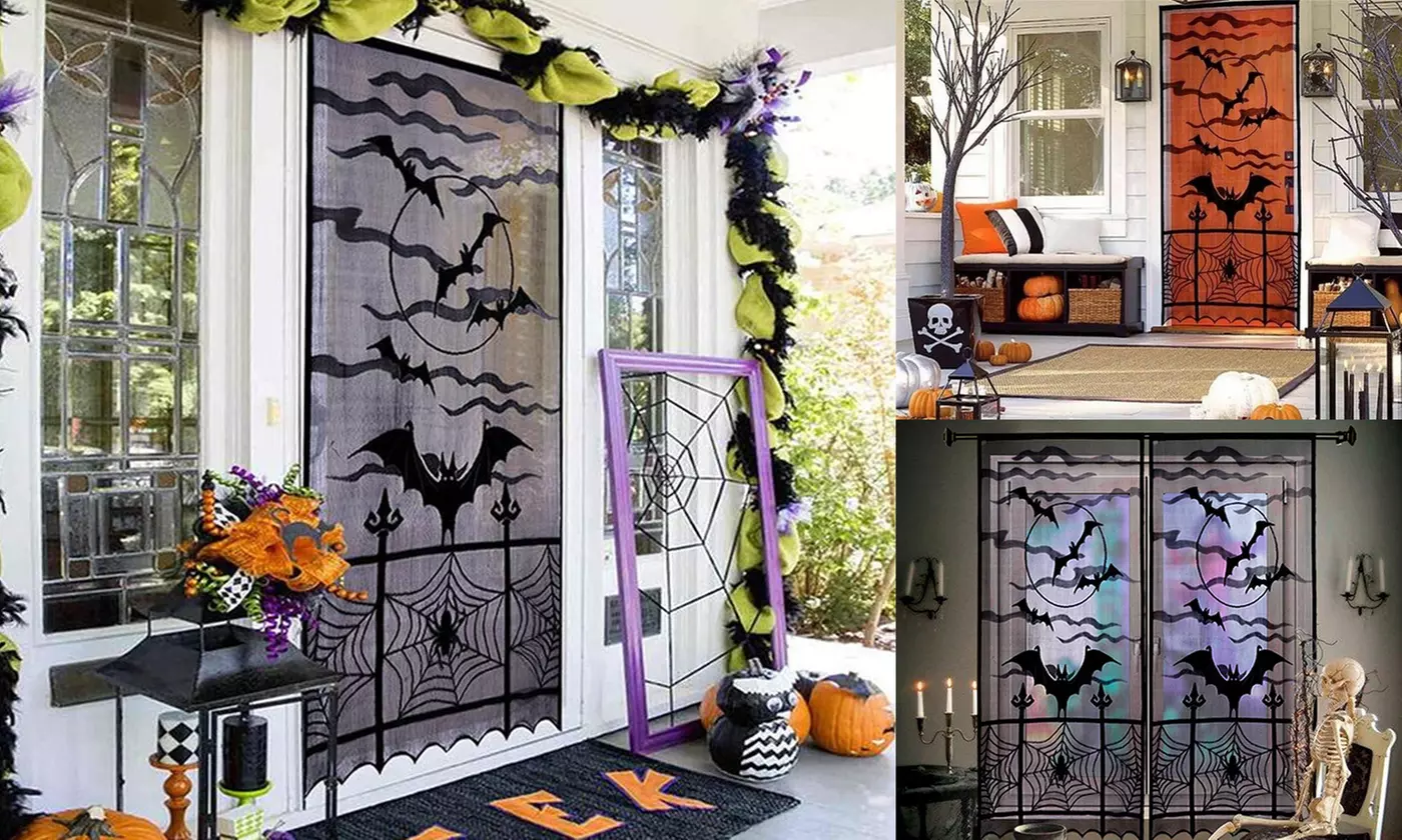 Halloween Black Spider Web Lace Window Curtain Drape Panel Home Decor - Primary Image