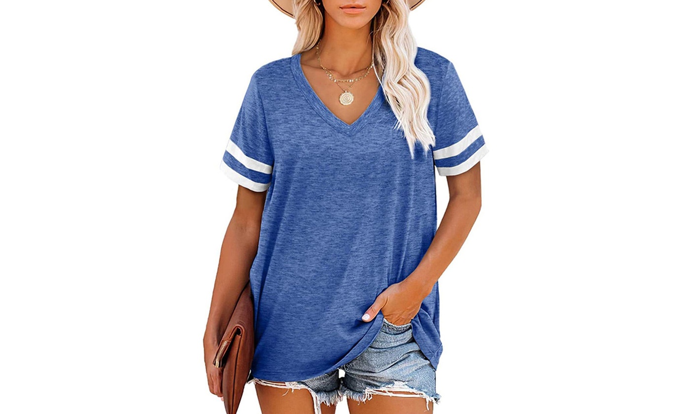 LESIES Women's V-Neck Tunic Style Short or Long Sleeve T-Shirts (S-2XL)