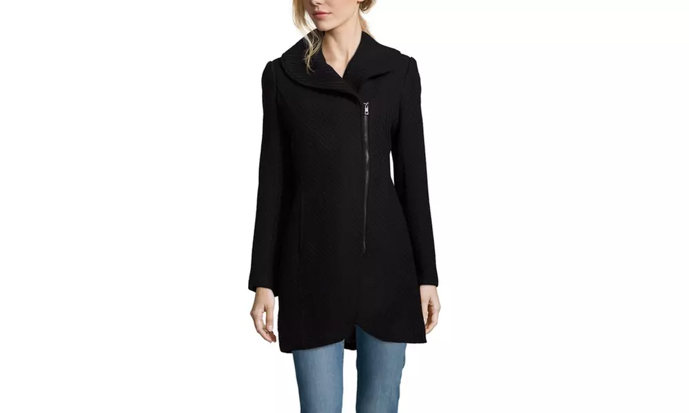 JESSICA SIMPSON Asymmetrical Zip Braided Wool Coat with Shawl Collar - Primary Image
