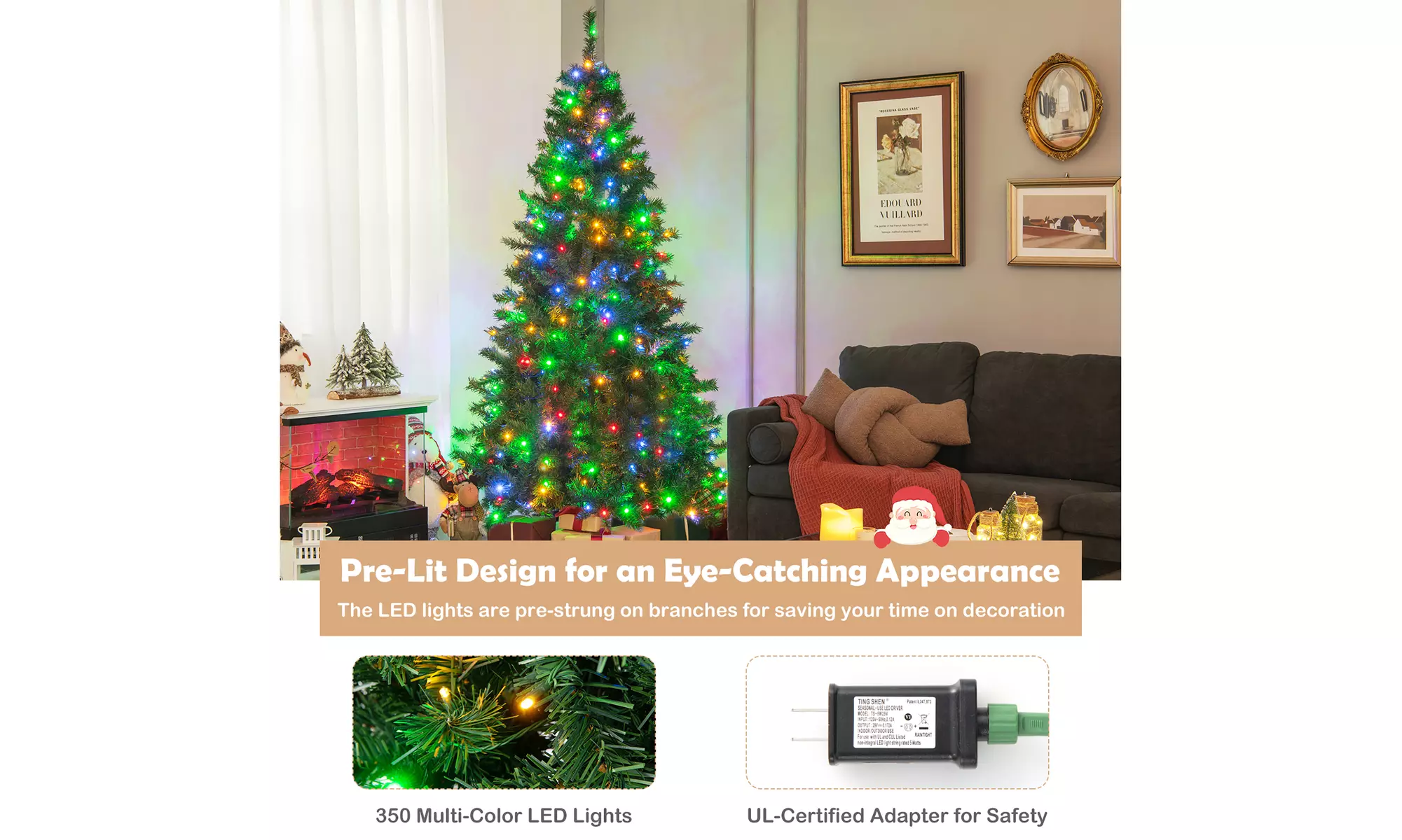 Costway 7FT Pre-Lit Hinged Christmas Tree 350 Lights No Fluffing Required