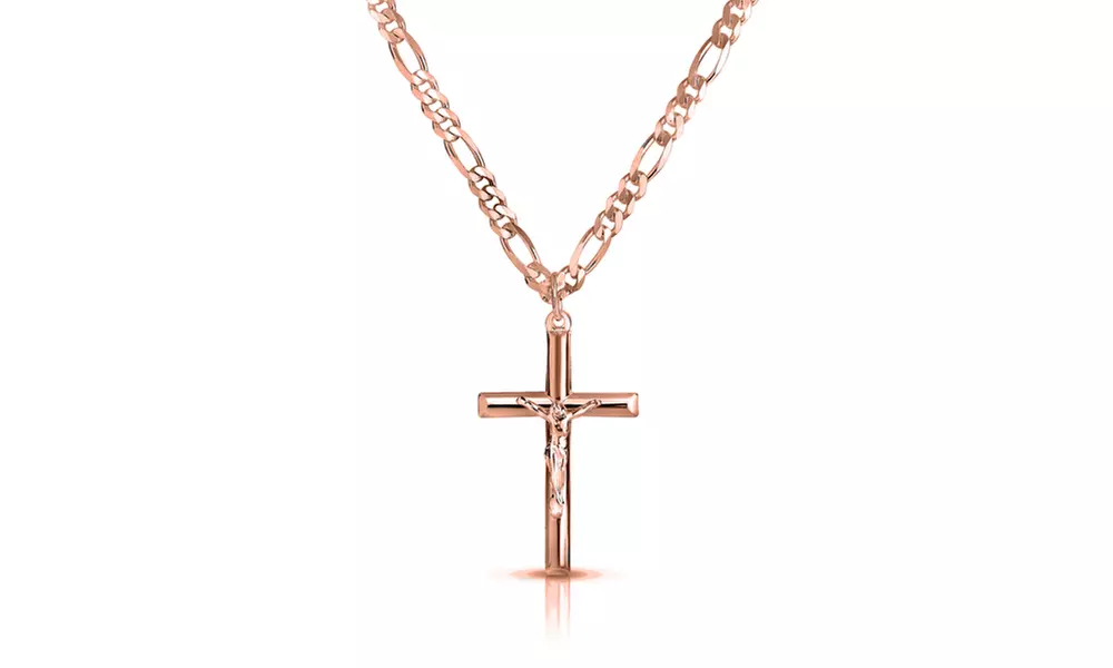 Men's Stainless Steel Crucifix Cross With 24" Figaro Chain