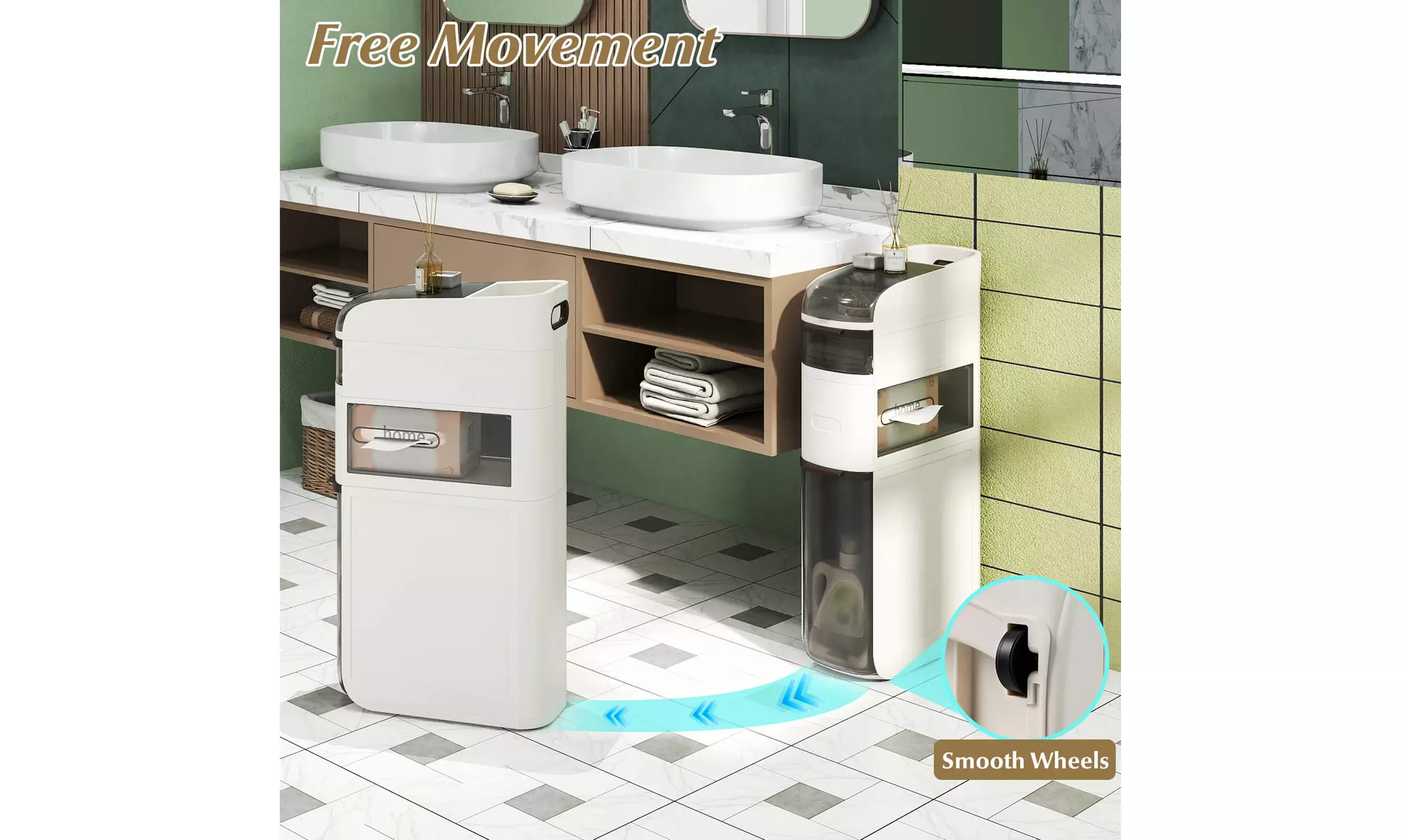 Costway Narrow Bathroom Storage Cabinet with Drawers Tissue Box Wheels