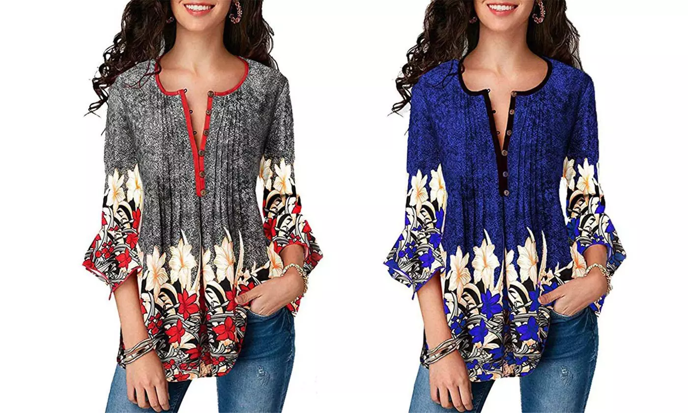 Women's Summer V-neck 3/4 Sleeve Floral Print Blouse Button Down Tunic - Primary Image