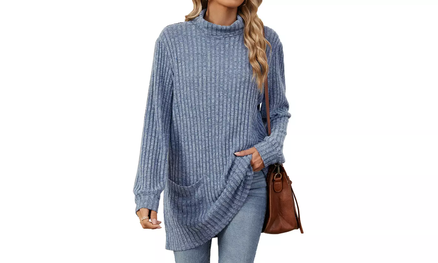 Womens Lightweight Turtleneck Long Sleeve Knit Tunic Top with Pockets