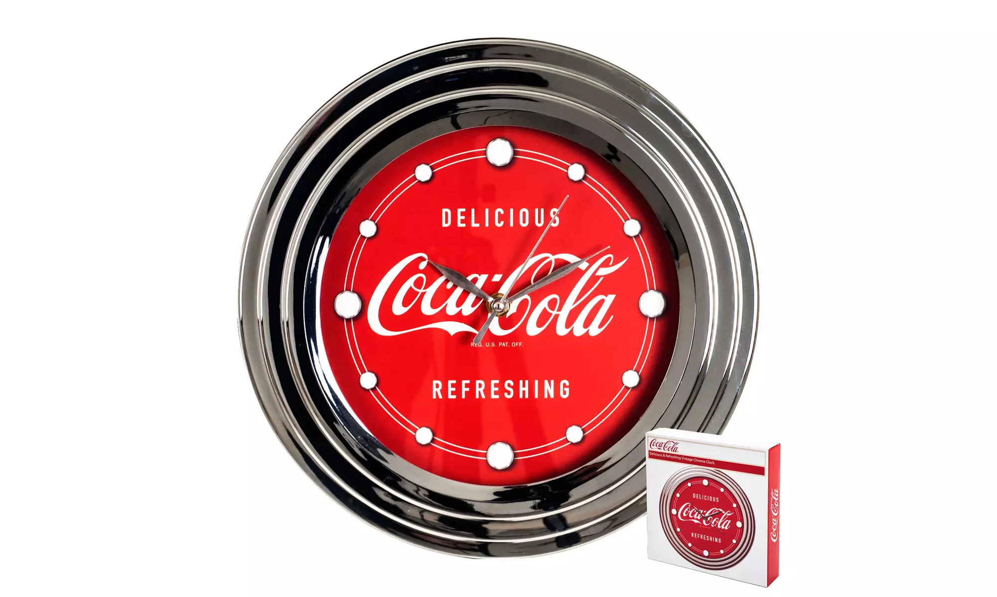 Coca-Cola Clock w/ Chrome Finish Delicious Style 12 inch - Primary Image