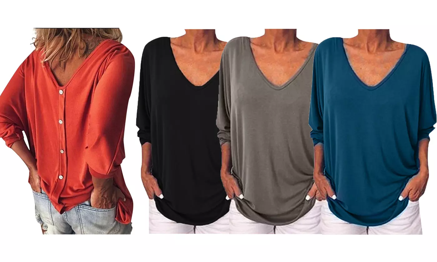Womens Plus Size Loose 3/4 Sleeve Back Buttons T Shirts V Neck Top Blouse  - Primary Image