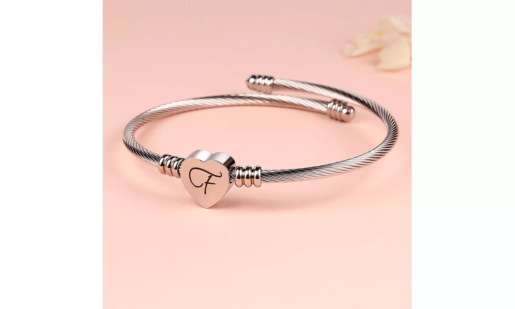 Twisted Steel Heart Cable Initial Bracelet