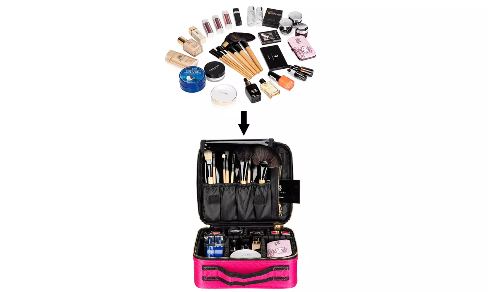 Professional High-capacity Multilayer Portable Travel Makeup Bag Strap Rose Red - Primary Image