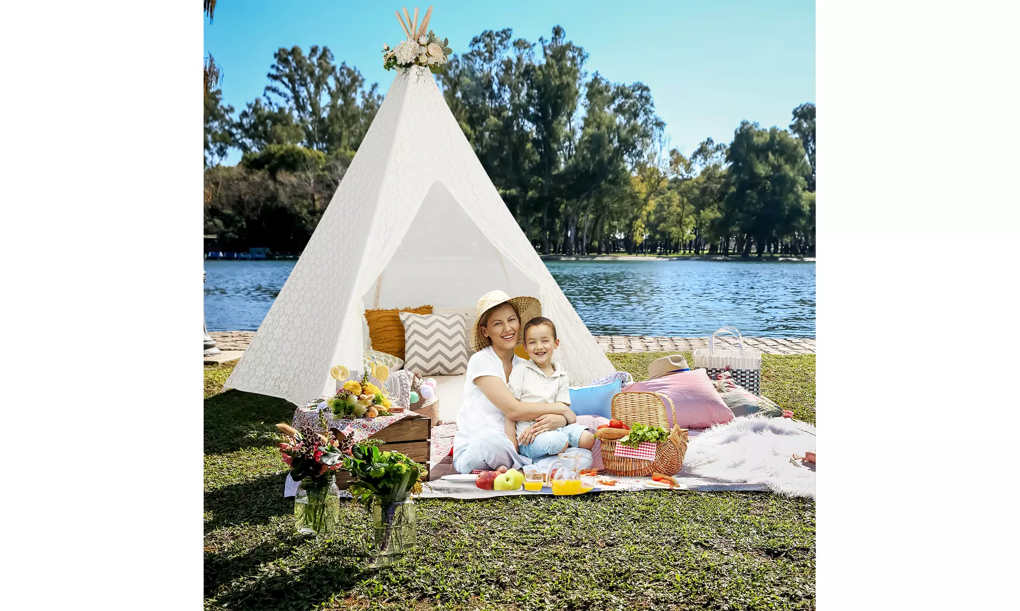 Costway 85'' Height 5 Sides Huge Lace Play Tent for Kids Adult Wedding w/ Light