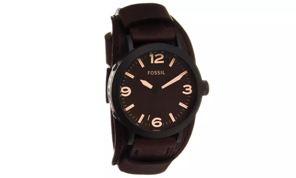Fossil Men's 'Clyde' Wide Leather Cuff Stainless Steel Watch - Primary Image