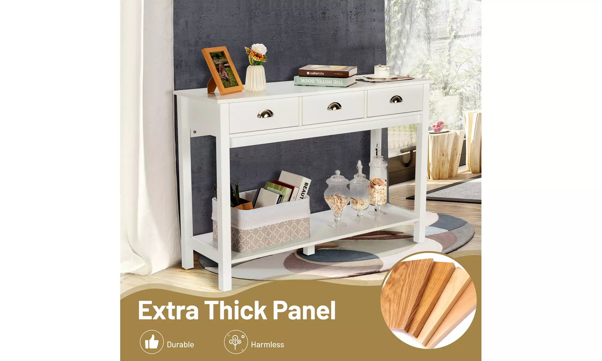 Costway Console Table with 3 Drawers Bottom Shelf Sofa Side Table Entryway White