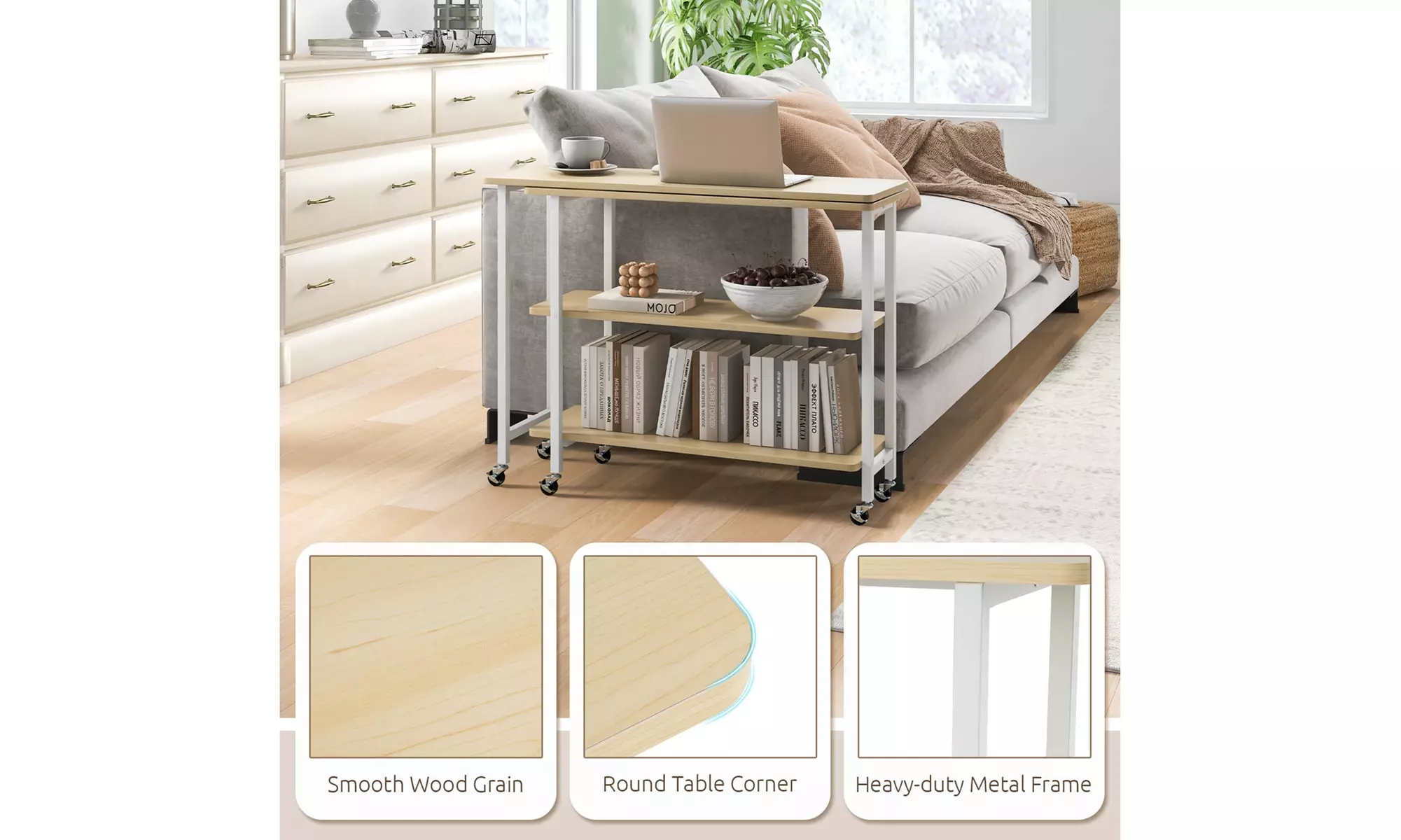 Costway 360-degree Rotating L-Shaped Sofa Side Table with Shelf