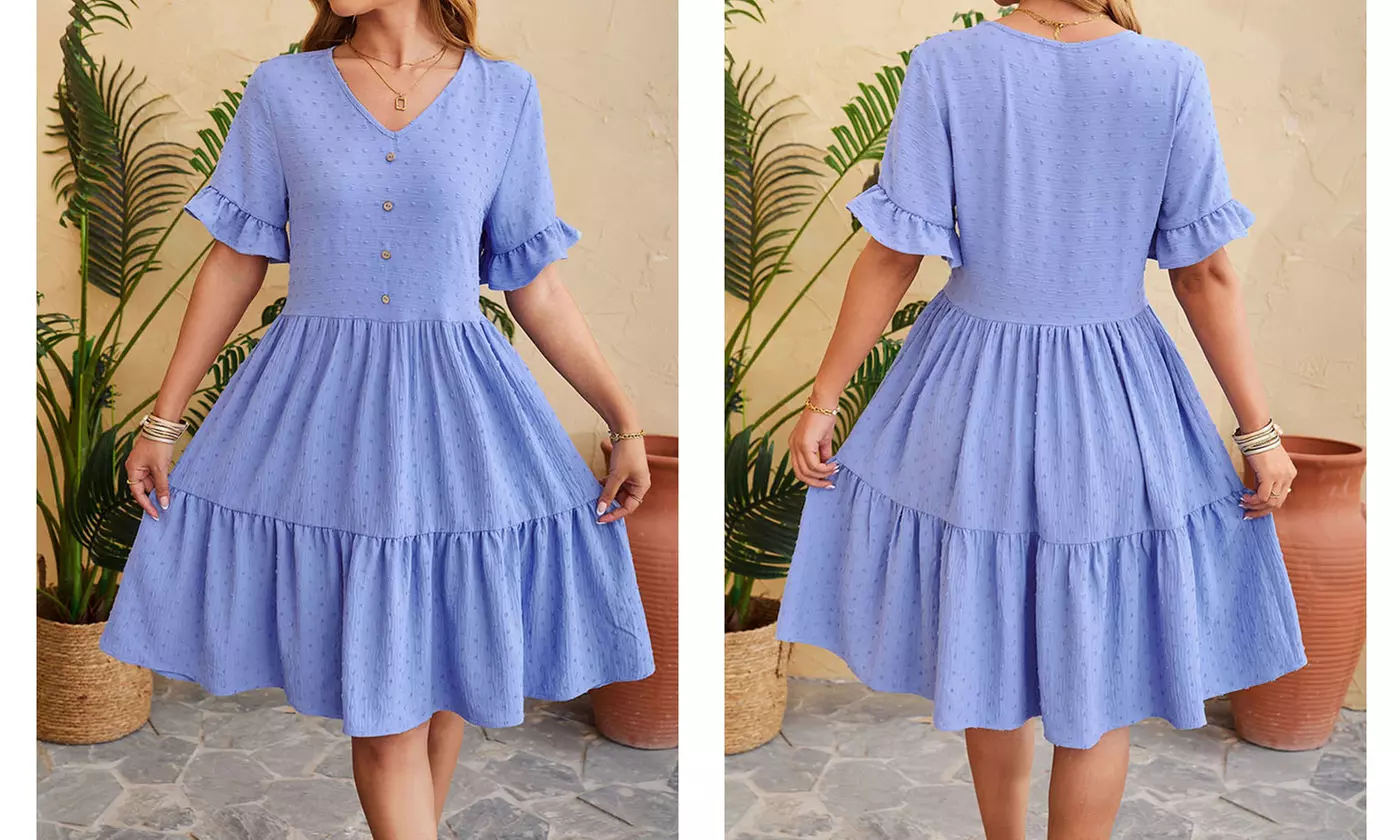 Womens V Neck Short Sleeve Swiss Dot Ruffle Hem Summer Dress 
