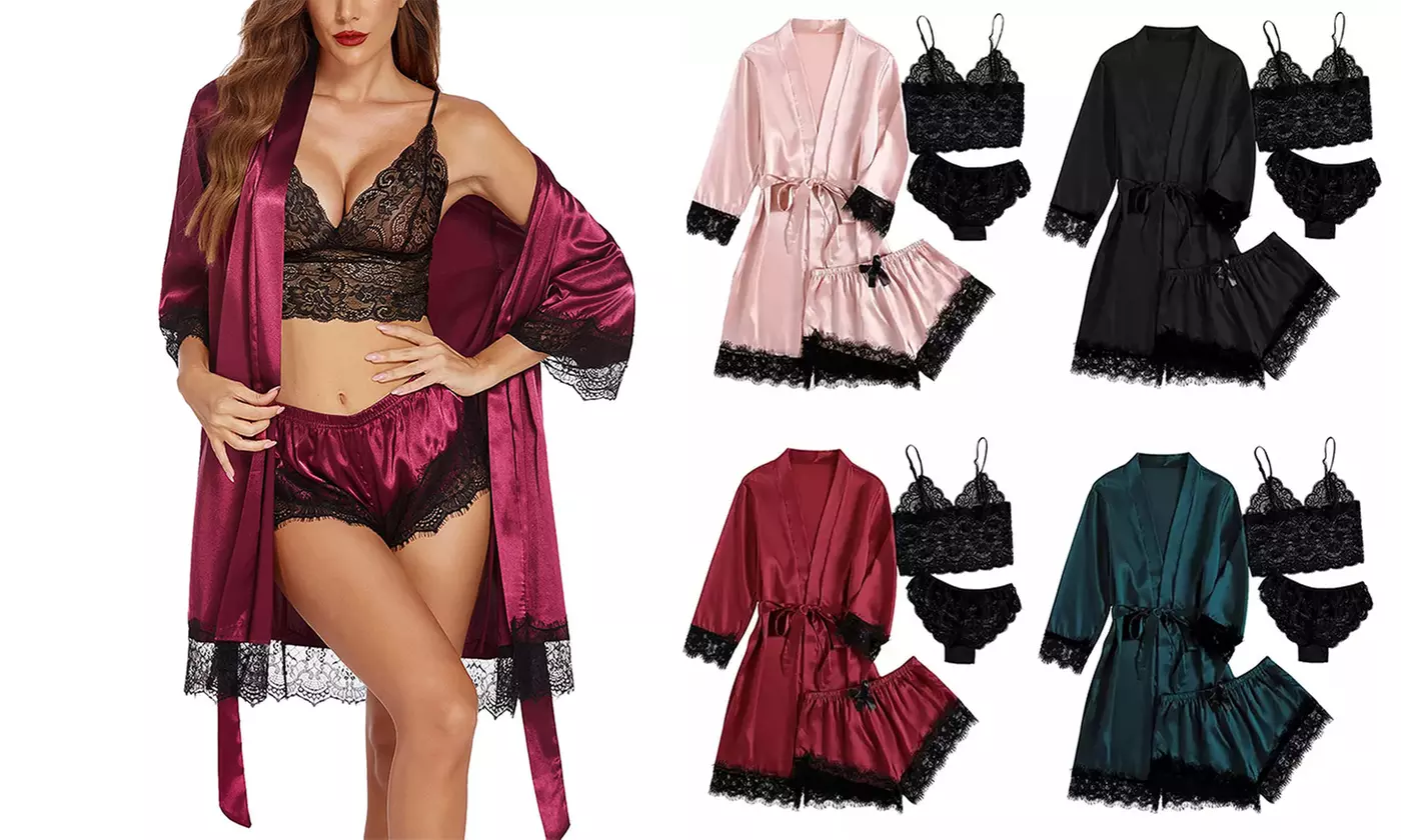 Women's Sexy Lingerie Pajamas Satin Silk Lace Sleepwear Lingerie Set with Robe