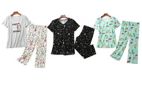 Women Summer Fun Prints Pajama Set Tops Capri Pants Casual Sleepwear 3X Pattern03