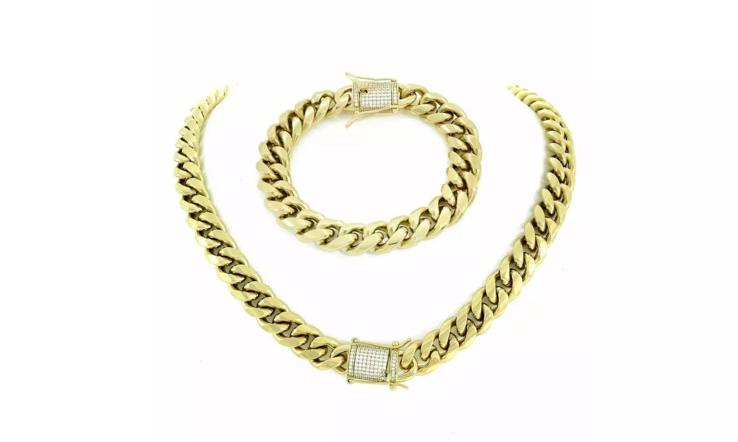 Pulsera y Cadena Cubana Para Hombre - 12mm Broche De Diamante -  14k - Primary Image